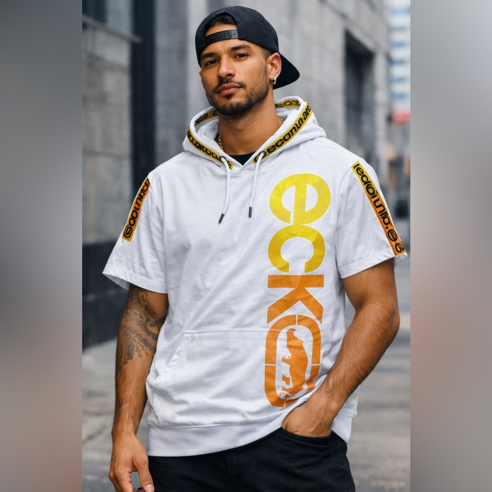 Ecko unlimited Short Sleeve Hoodie shirt Men’s Medium White/Yellow/orange pocket